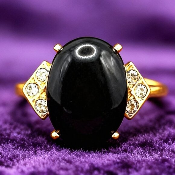 Vintage 90s Black Onyx Cabochon Ring 18K Yellow Gold Electroplate Designer Marks - Picture 1 of 14